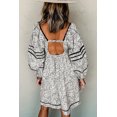 thumbnail image 3 of Women's Gray Floral Print Open Back Balloon Sleeve Mini Dress - Elegant Square Neck Design | [ZhiHiMeRi] | (US 12-14)L, 3 of 12