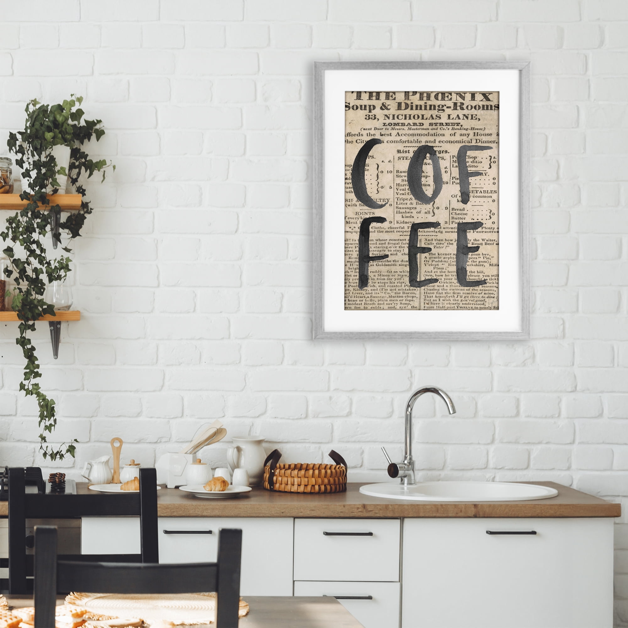 Stupell Industries Vintage Coffee Newspaper Gray Framed Print Under Glass, design by Lucille Price