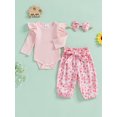 thumbnail image 4 of Baby Toddler Girl Fall Outfit, 0 3 6 12 18 24 Months Ruffle Long Sleeve Ribbed Romper Elastic Waist Pants with Fixed Belt Bow Headband, 4 of 9