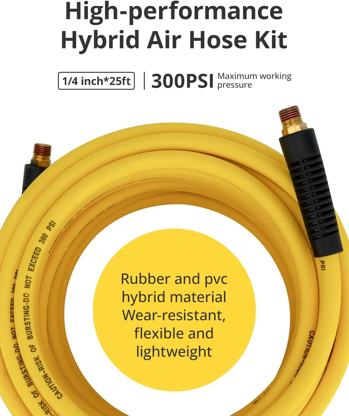 Air Compressor Hose 1/4" x 50 FT, Hybrid Air Hose with Bend Restrictor, Air Hose with Industrial Quick Coupler and Plug, Heavy Duty, Lightweight, Adaptable to All Kinds of Weather
