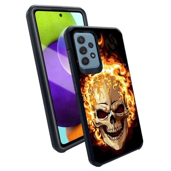 ANJ  Slim Dual Layer Shockproof Case   Tempered Glass Cover for Samsung Galaxy A52 5G - Flame on Skull