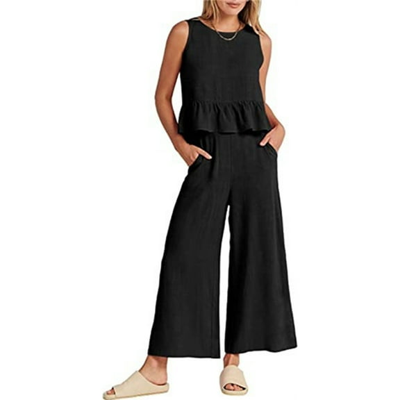 Women'S Casual Sleeveless Pleated Round Neck Vest Wide Leg Cropped Pants Set Black S