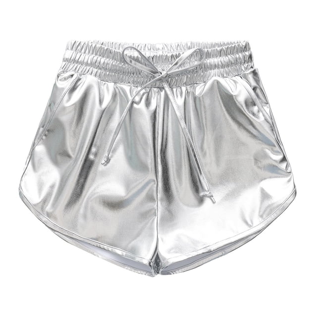 Plebaso Girls Shiny Shorts Sparkly Party Dance Outfits Drawstring Kids Fashion Short Pants with Pockets