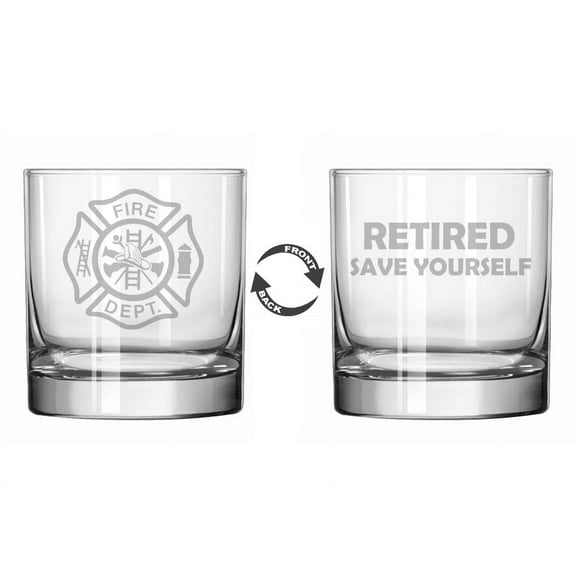 Rocks Whiskey Old Fashioned Glass 2 Sided Retirement Gift Fire Department Firefighter Retired Save Yourself