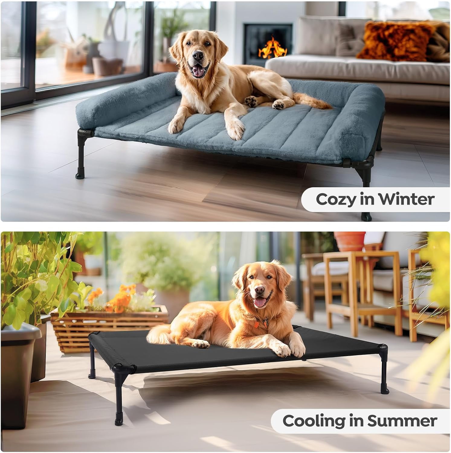 Orthopedic Elevated Dog Bed with Fluffy Plush Bolster Cushion, Indoor Raised Dog Beds for Large Dogs, Soft Pet Sofa Cot with Removable Washable Mat, No-Slip Feet, 49 x 33 inches, Cream White