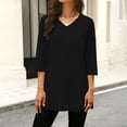 thumbnail image 2 of Miluxas Women's Casual T Shirts 3/4 Sleeve V-Neck Pullover Fashionable Basic Tops Solid Color Botton Hem Split Blouses Black, 2 of 6