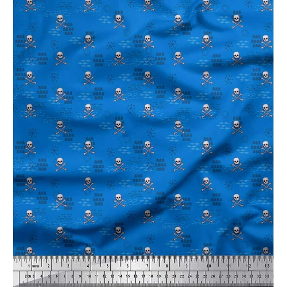 Soimoi Blue Poly Georgette Fabric Crossbone & Skull Halloween Fabric Prints By Yard 42 Inch Wide