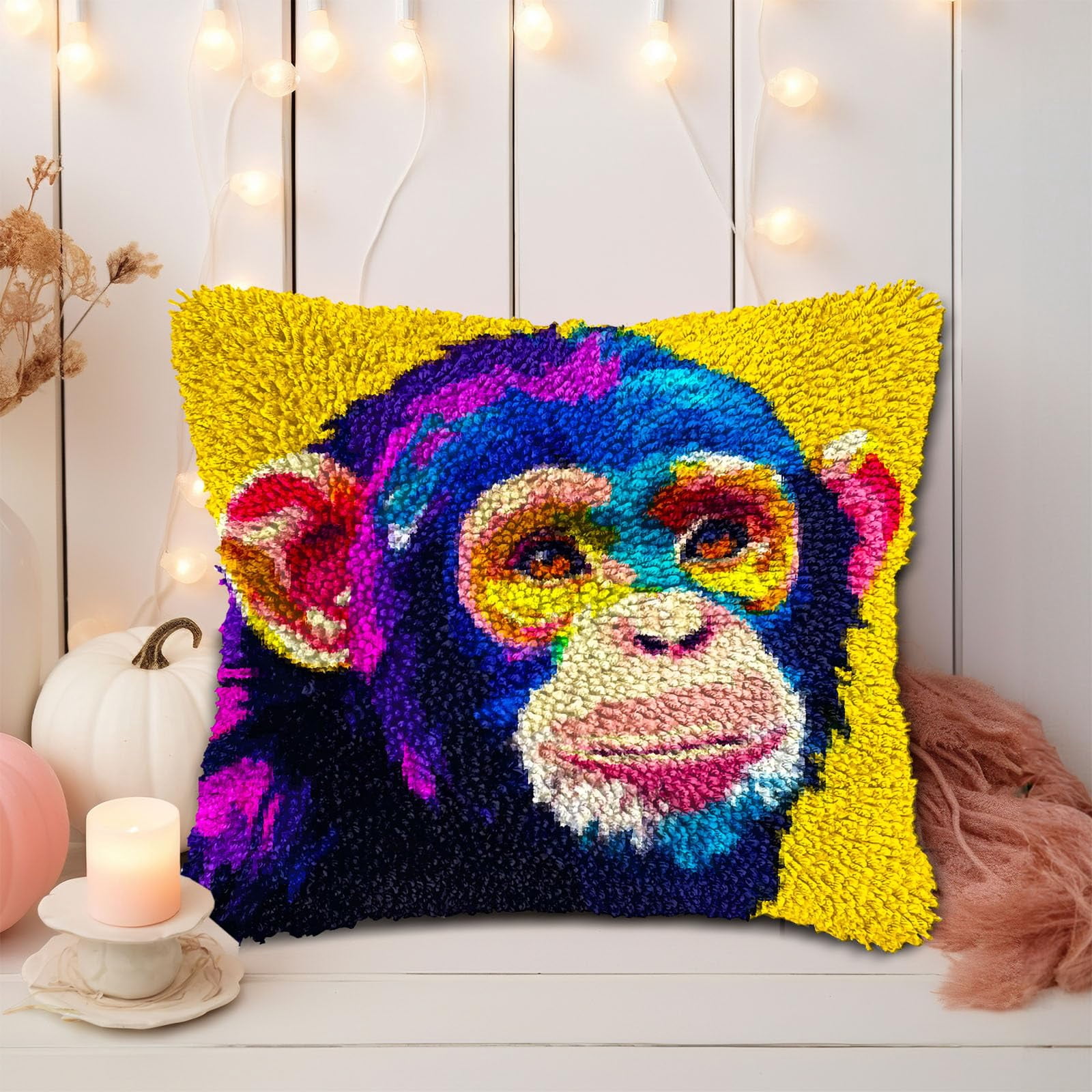 Monkey DIY Latch Hook Pillow Kits for Adults Printed Pillowcase Crochet Yarns Hooking Handmade Pillow Cover Cushion for Home Sofa Decoration 17x17inch