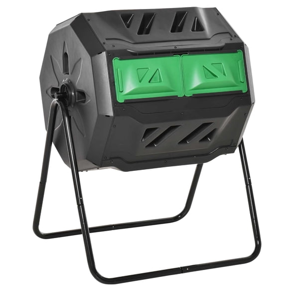 Green Dual Chamber Tumbling Composter - 42.3 Gallon Outdoor Rotating Bin with Sliding Doors for Garden & Backyard Use - 28 x 25.6 x 37.8 in