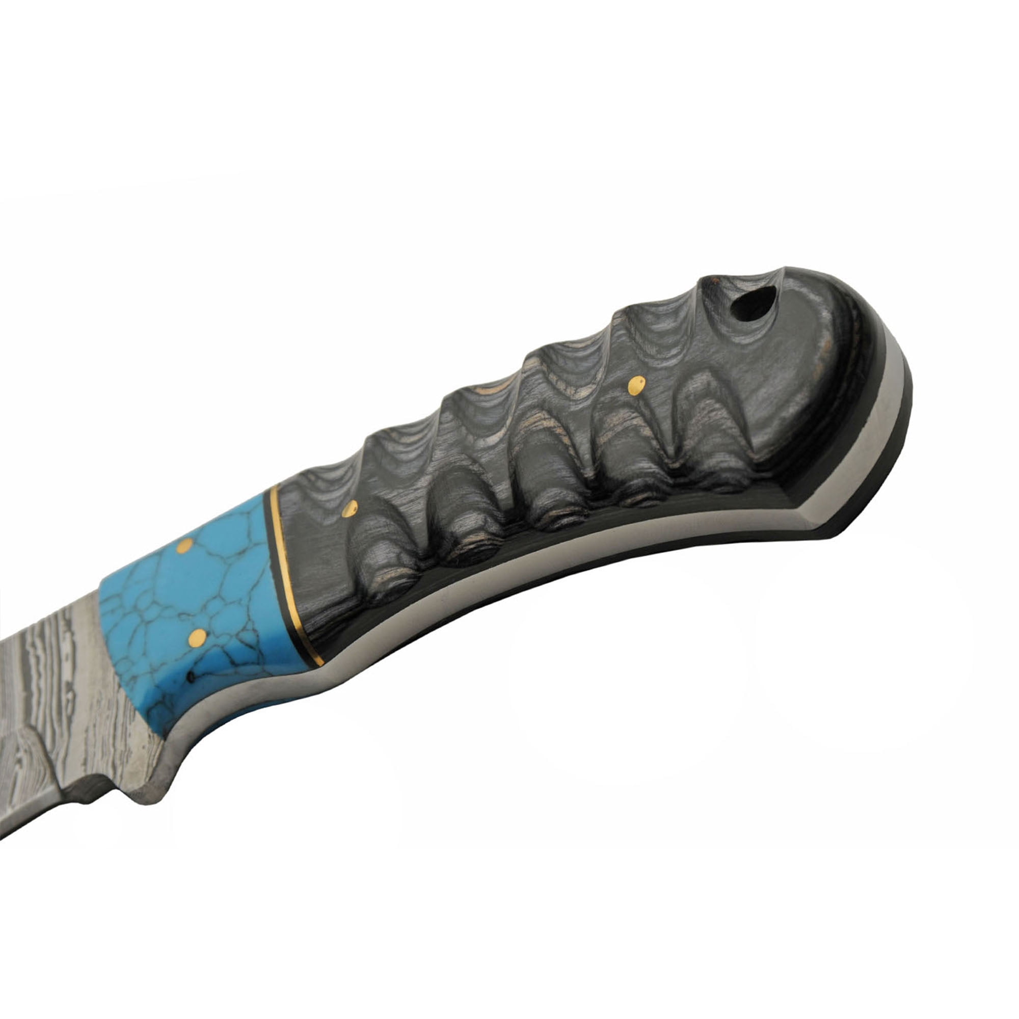 SANZ 8" Full Tang Hunting Knife with Damascus Style Blade, Black Wood Handle, Brass Pins and Leather Sheath Included