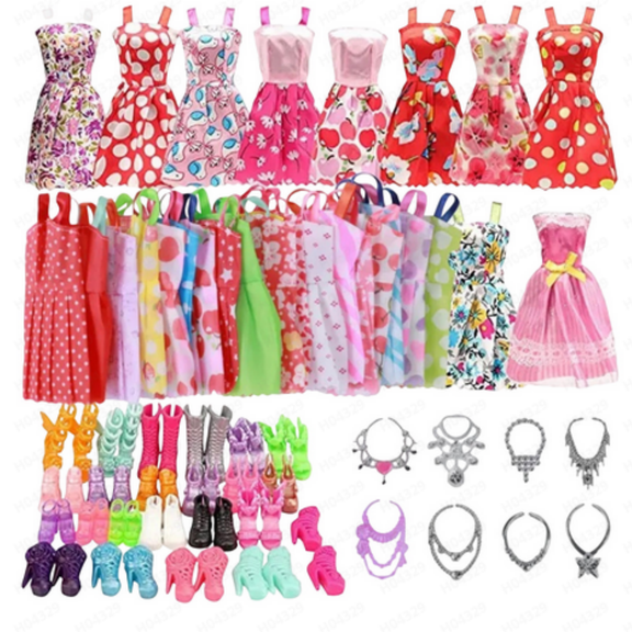 32-piece Doll Accessory Set:10x Clothes, 10x Shoes, 6 Necklaces, 6 Crowns