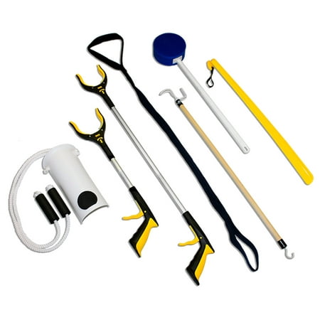 RMS 7-Piece Hip Knee Replacement Kit with Leg Lifter, 19 and 32 inch Rotating Reacher Grabber, Long Handle Shoe Horn, Sock Aid, Dressing Stick, Bath Sponge - Ideal for Knee or Back Surgery