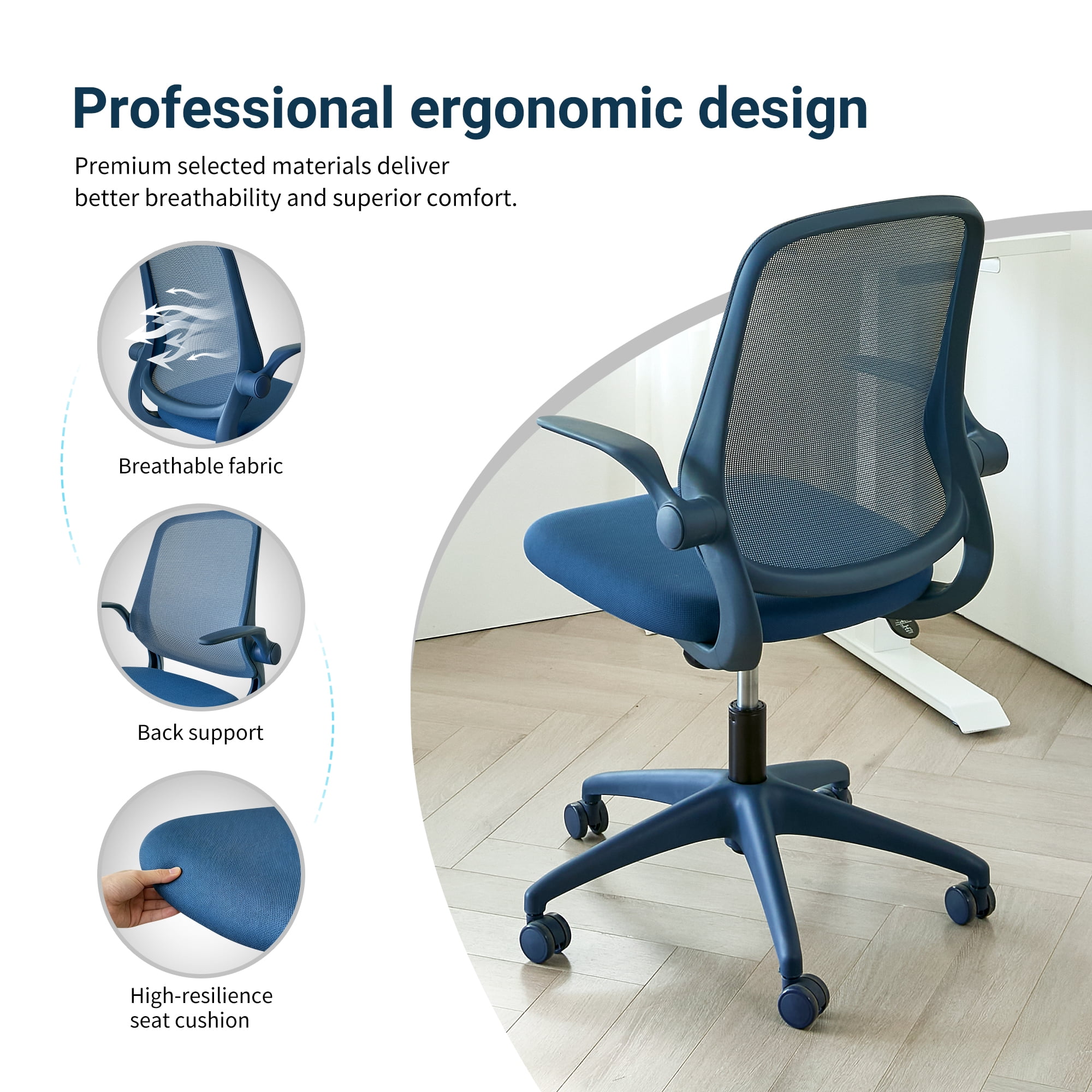 Ergonomic Mesh Office Chair 350LBS, Fireproof Molded Foam Seat with Flip-Up Armrest, Height Adjustable Swivel Rocking Desk Chair for Home Office