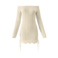 thumbnail image 4 of Womens Cover Ups Women's Elegant Solid One Shoulder Knit Beach Cover Up Dress with Long Sleeves Drawstring Fit Boat Neck Beige L, 4 of 4