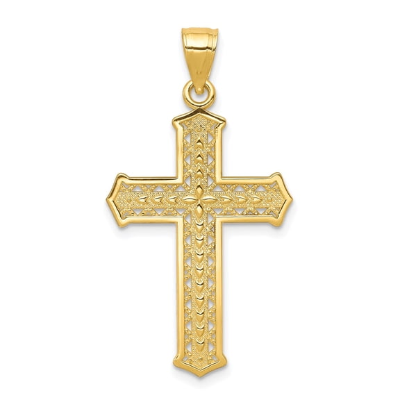 10k Yellow Gold Filigree Cross Pendant Charm, Polished Religious Jewelry