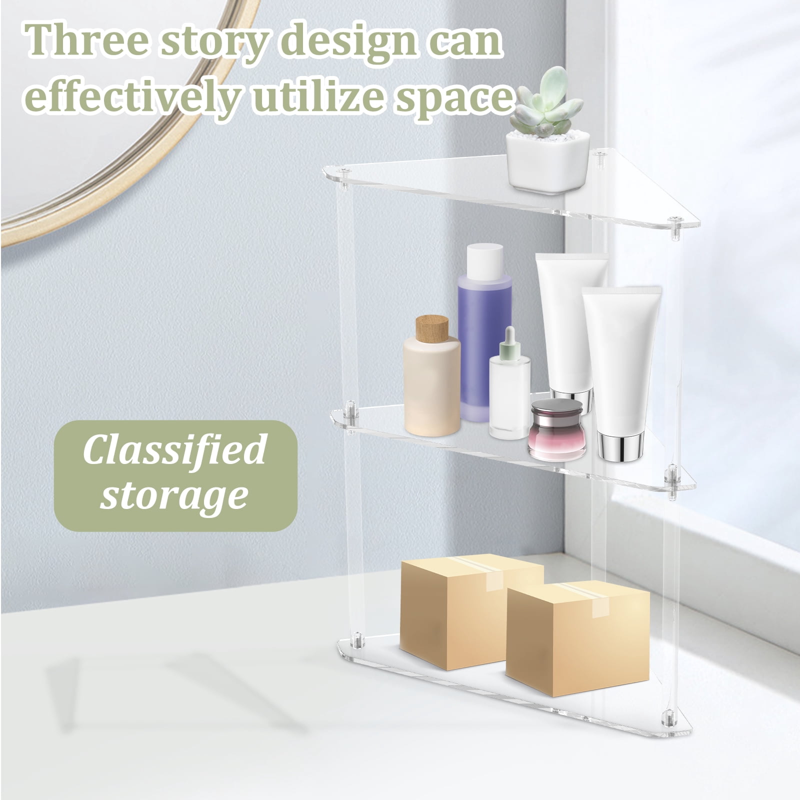 3 Tier Corner Shelf Transparent Acrylic Counter Corner Shelves Organizer Triangle Storage Rack for Bathroom Kitchen Office Vanity