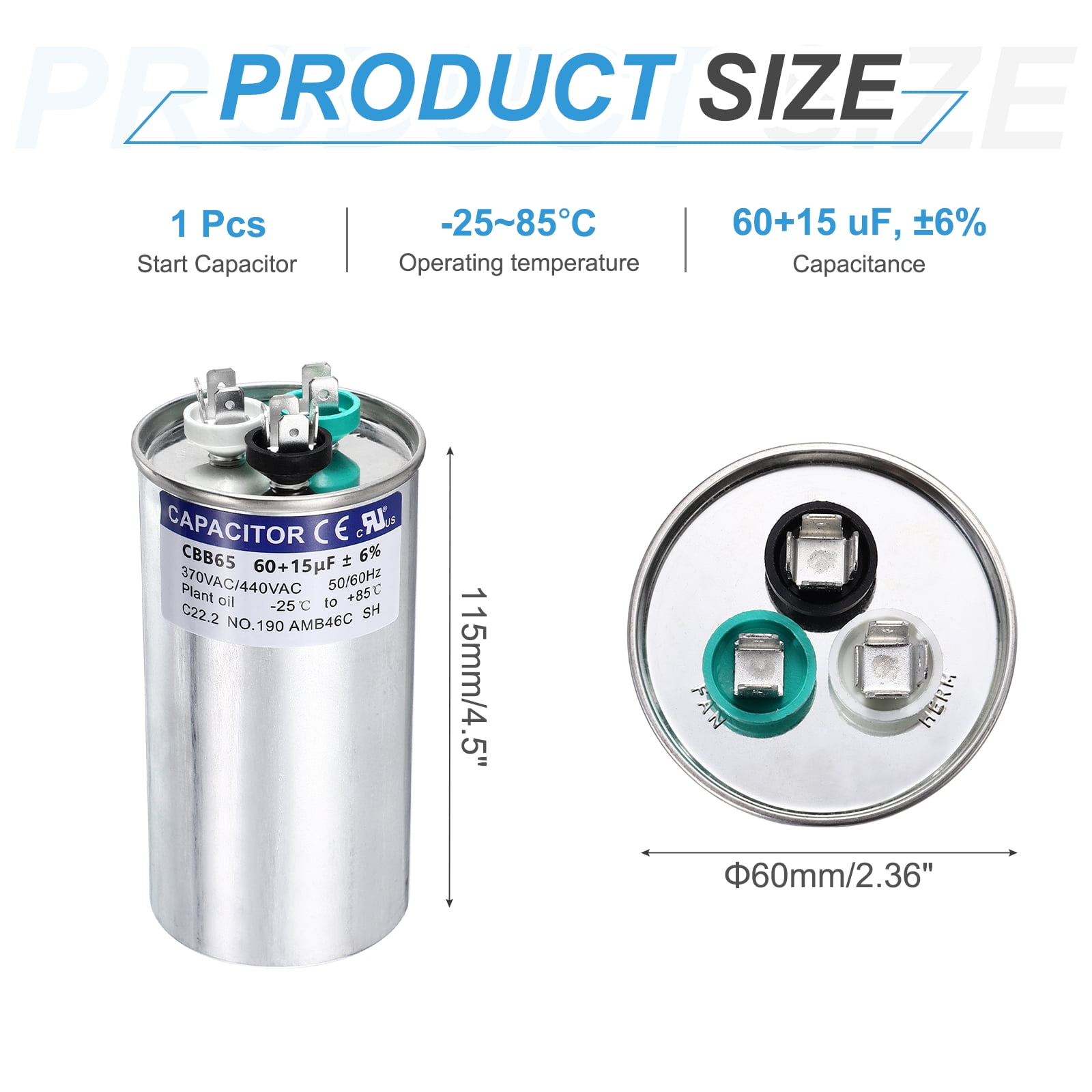 Uxcell 60+15MFD CBB65 Run Start Capacitor 60+15uF, 370/440V Round AC Capacitor for AC Motor Run, HVAC, Air Conditioner, Condenser Motors