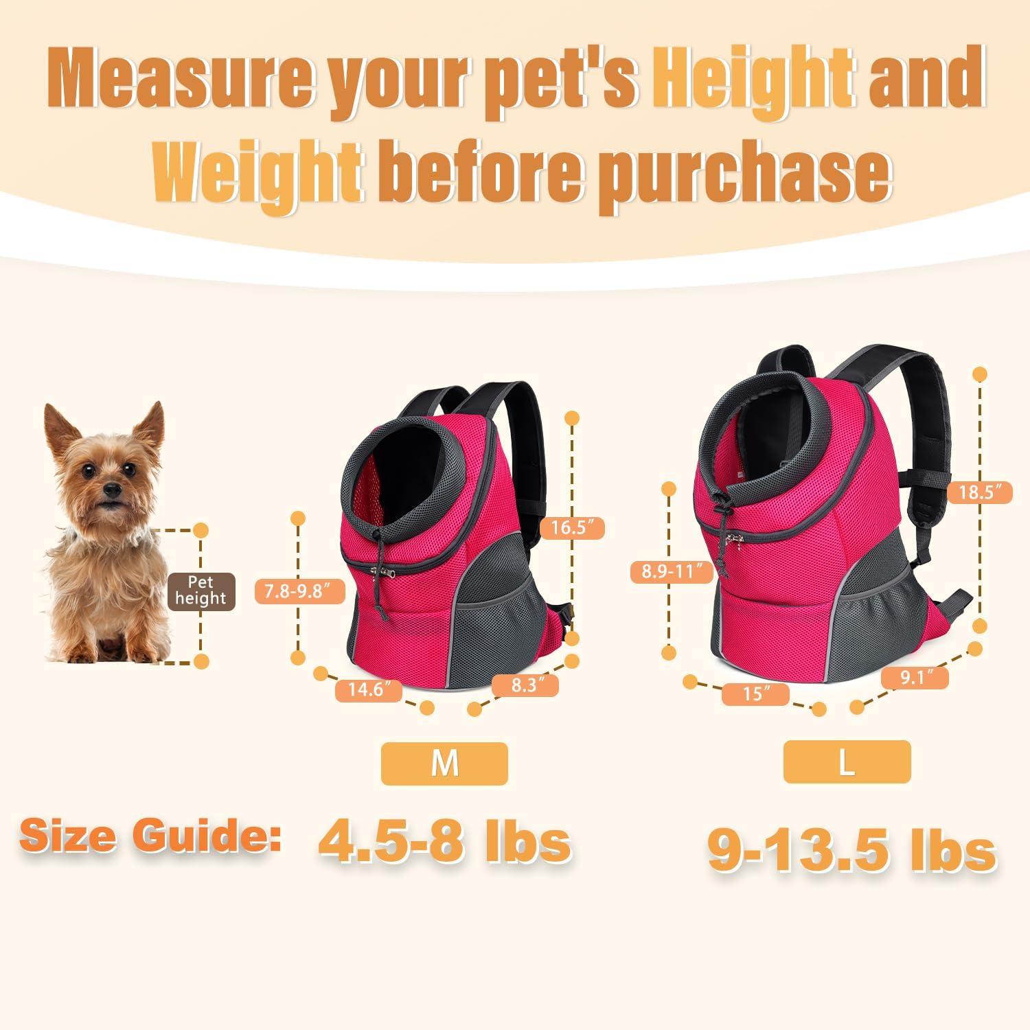 9-14lbs Dog Front Carrier Backpack, Adjustable Breathable Pet Carrier for Small Dogs, Ventilated Puppy Back Pack with Safety Belt, Lightweight Doggy Backpack for Hiking Outdoor(Jet Black, L)