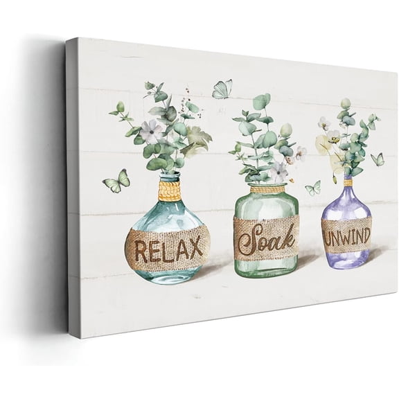 Bathroom Decor Wall Art Rustic Botanical Bathroom Poster Green Leaves Relax Soak Unwind Pictures Print Painting Wall Décor for Bathroom Bedroom Framed Artwork 12x16 inch