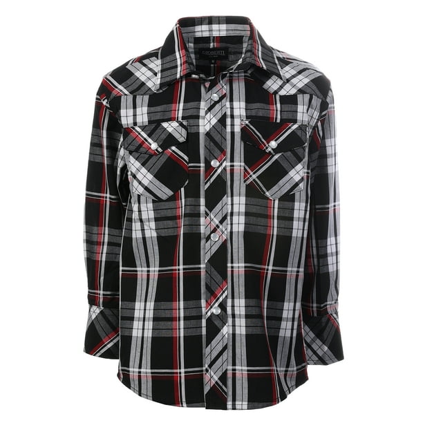 Gioberti Boys Casual Western Plaid Long Sleeve Pearl Snaps Shirt
