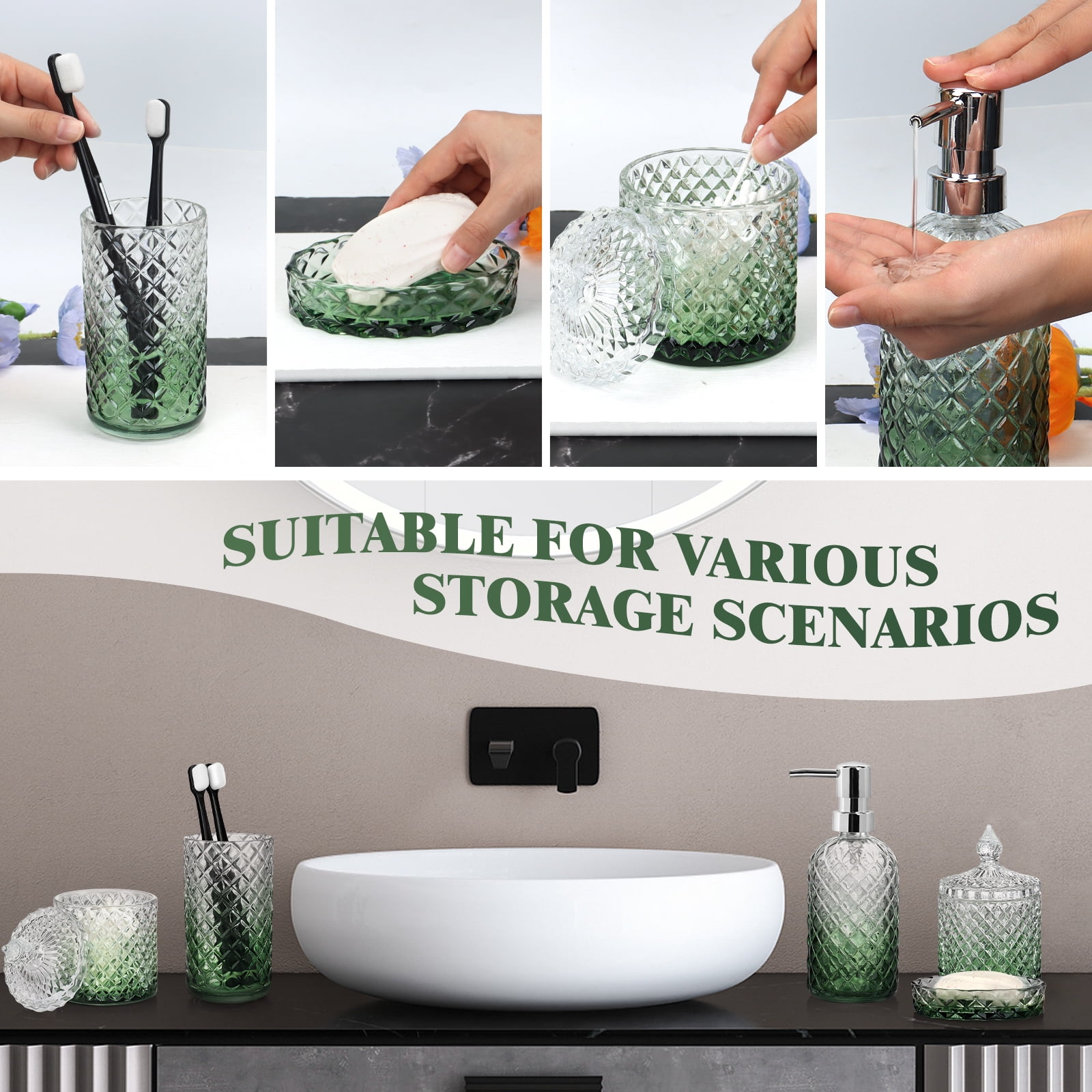 Vertical Line Glass Soap Dispenser Set, Rust-Proof Pump, Thickened Modern Bathroom Accessories for Countertop Organization & Stylish Home Decor