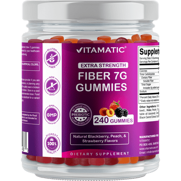 Vitamatic Prebiotic Fiber Gummies for Adults, 7G Extra Strength, Zero Sugar Added, 240 Pectin Based Gummies, Digestive Health & Regularity Support