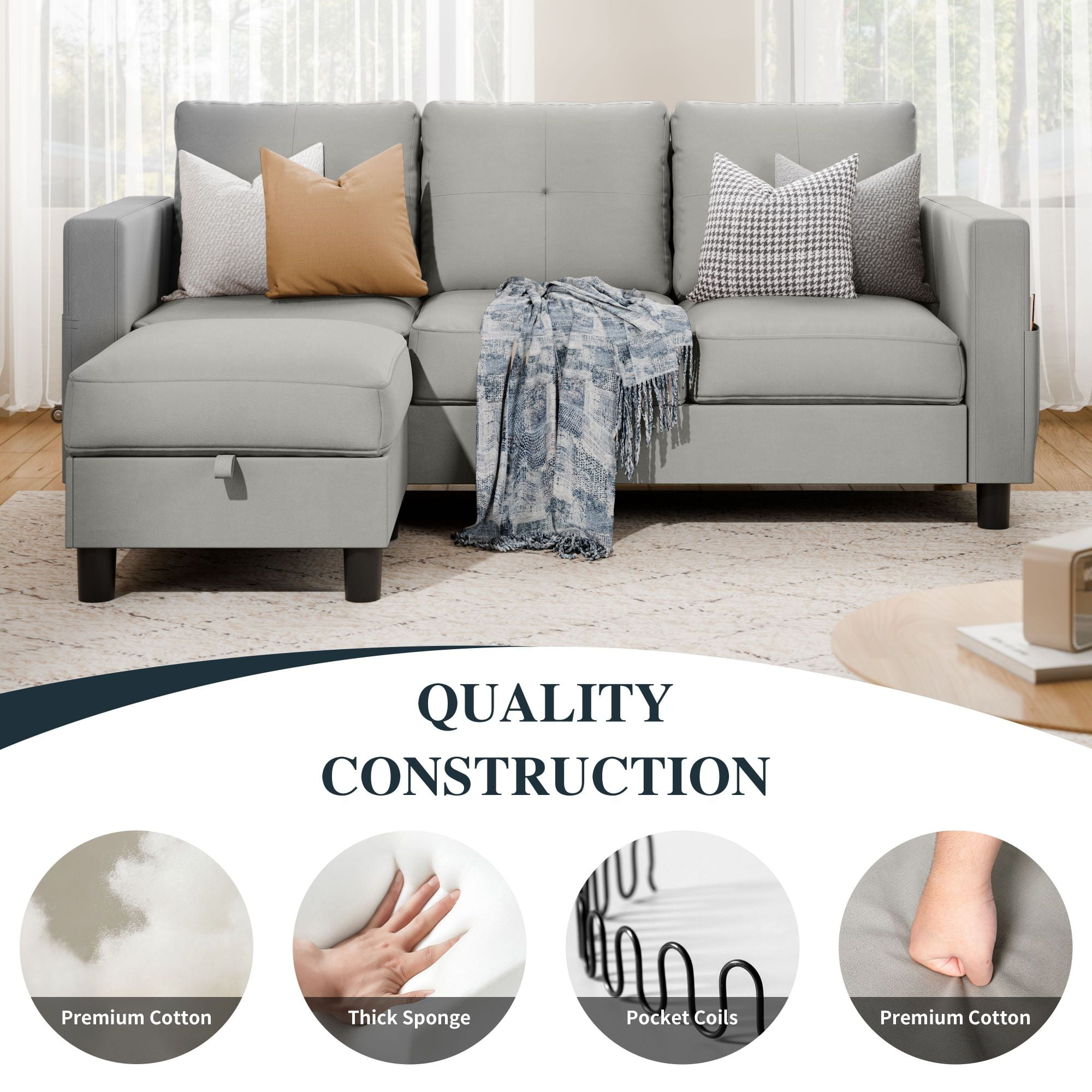 Walsunny Convertible Sectional Sofa Couch, Modern Linen Fabric L-Shaped Couch 3-Seat Sofa Sectional with Reversible Chaise for Small Living Room, Apartment and Small Space,Light Gray