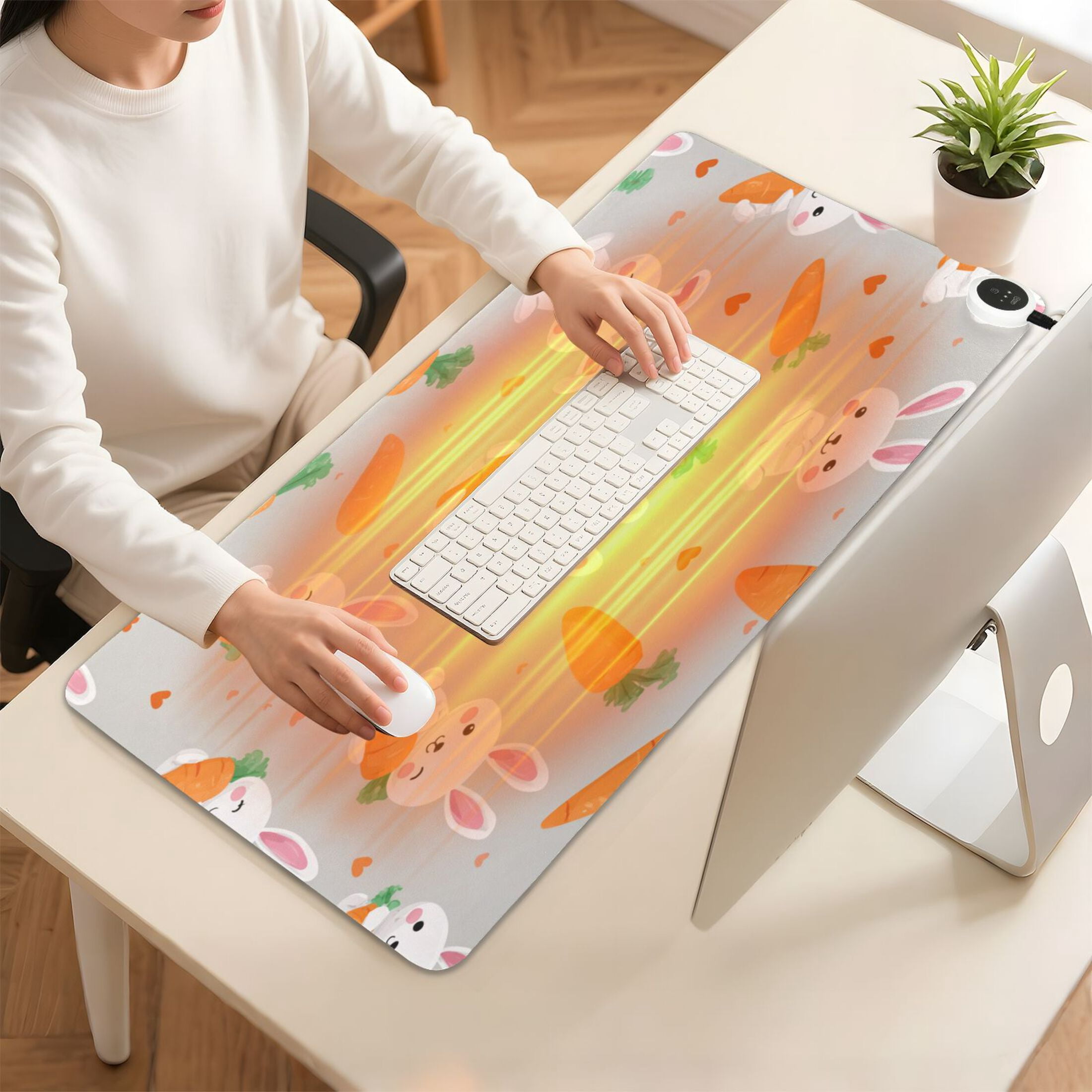 Large Heated Desk Mat Mouse Pad 31.5"x13"PU Leather Graphene Heating Desk Warmer with 3 Temperature Settings 110V US Plug Non-Slip Warm Pad for Home, Office, and Gaming Cute Bunny Carrot Print