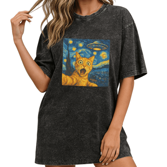 Women Starry Night Cat UFO Van Gogh Style Graphic Fun Tees Tops Round Neck Washed Cotton T-Shirt Black S-2XL Plus Size