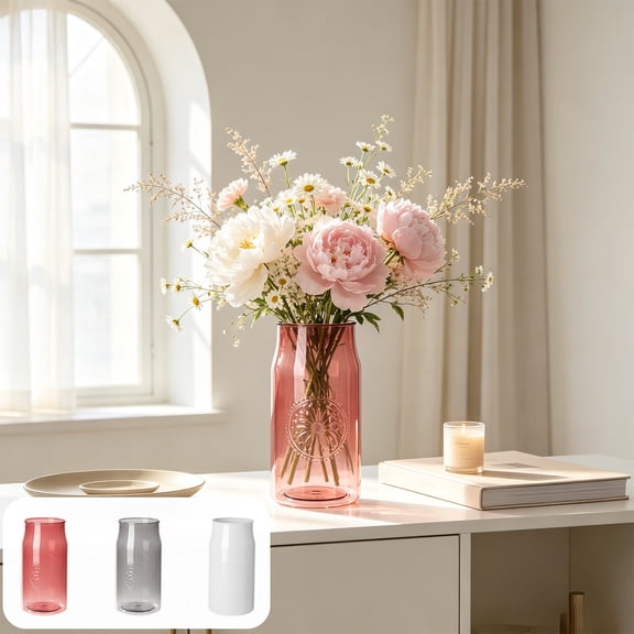 Dongrere Embossed Clear Plastic Vase Wide Mouth Plant Vase for Office Home Table Decor, 3.7x7.8 Inch, Pink