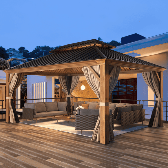 MELLCOM Pavillon à Toit Rigide 12 Pieds X 16 Pieds avec Rideaux et Moustiquaires, Pavillon à Cadre en Aluminium à Fini Bois avec Double Toit en Acier Galvanisé
