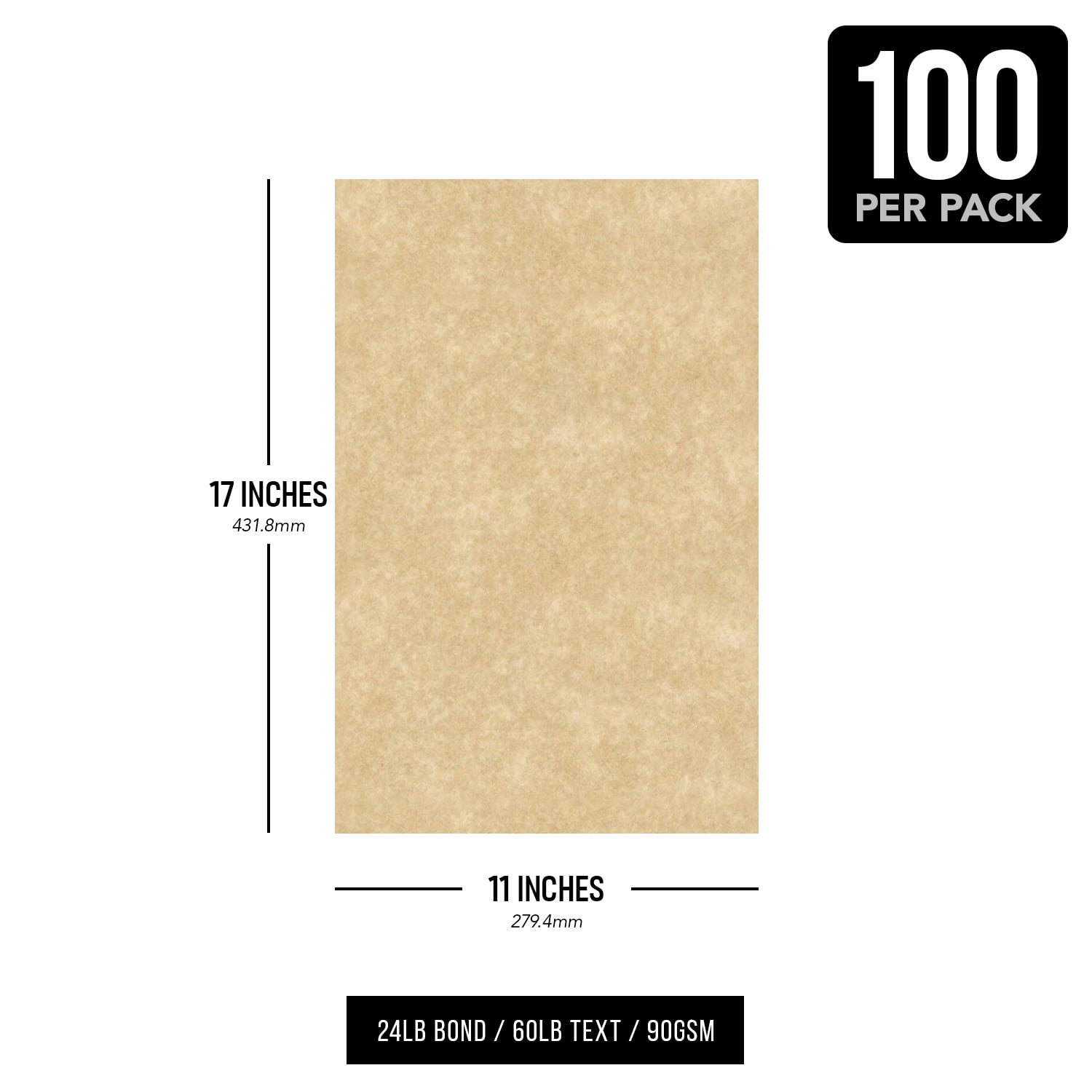 Aged Stationery Imitation Parchment Colored Regular Paper for Writing, Printing, Copy | 24lb Bond, 60lb Text (90GSM) | 11 x 17" | 100 Sheets per Pack