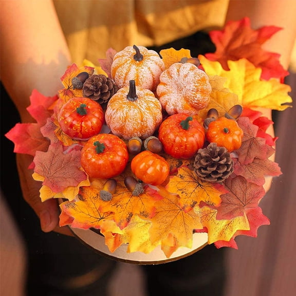 GoXteam 50 Pcs Assorted Large Mini Artificial Pumpkins and Gourds with Acorns Pinecones Maple Leaves Fall Harvest Decoration