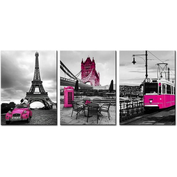 Hot Pink Paris Canvas Wall Art Prints Bathroom Bedroom Decor Eiffel Tower Cityscape Posters for Girls Room Decorations Lover Tele Booth Bus Car Street Painting Picture Artworks 12×16" 3 Pcs