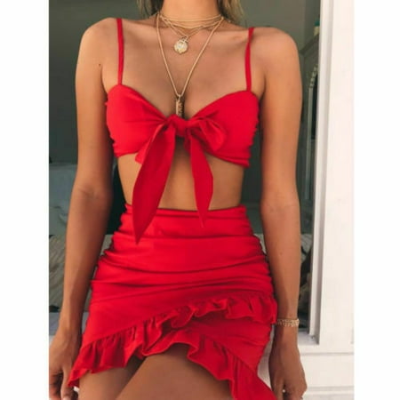 Women's Sexy V Neck 2 Piece Bodycon Dress Crop Top and Skirt Set Clubwear Party Outfit