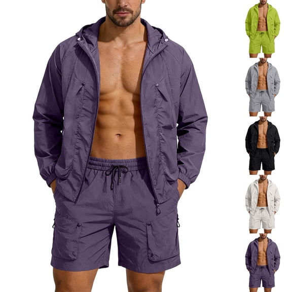 Men's 2 Piece Tracksuits Quick Dry Jogging Suits Long Sleeve Hoodie with Shorts Casual Athletic Set 4XL White