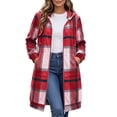 thumbnail image 3 of Busydd Long Plaid Trench Coat Women Fashion Long Sleeve Zip Up Fall Jackets Casual Hooded Drawstring Outerwear Jacket with Pockets, 3 of 10