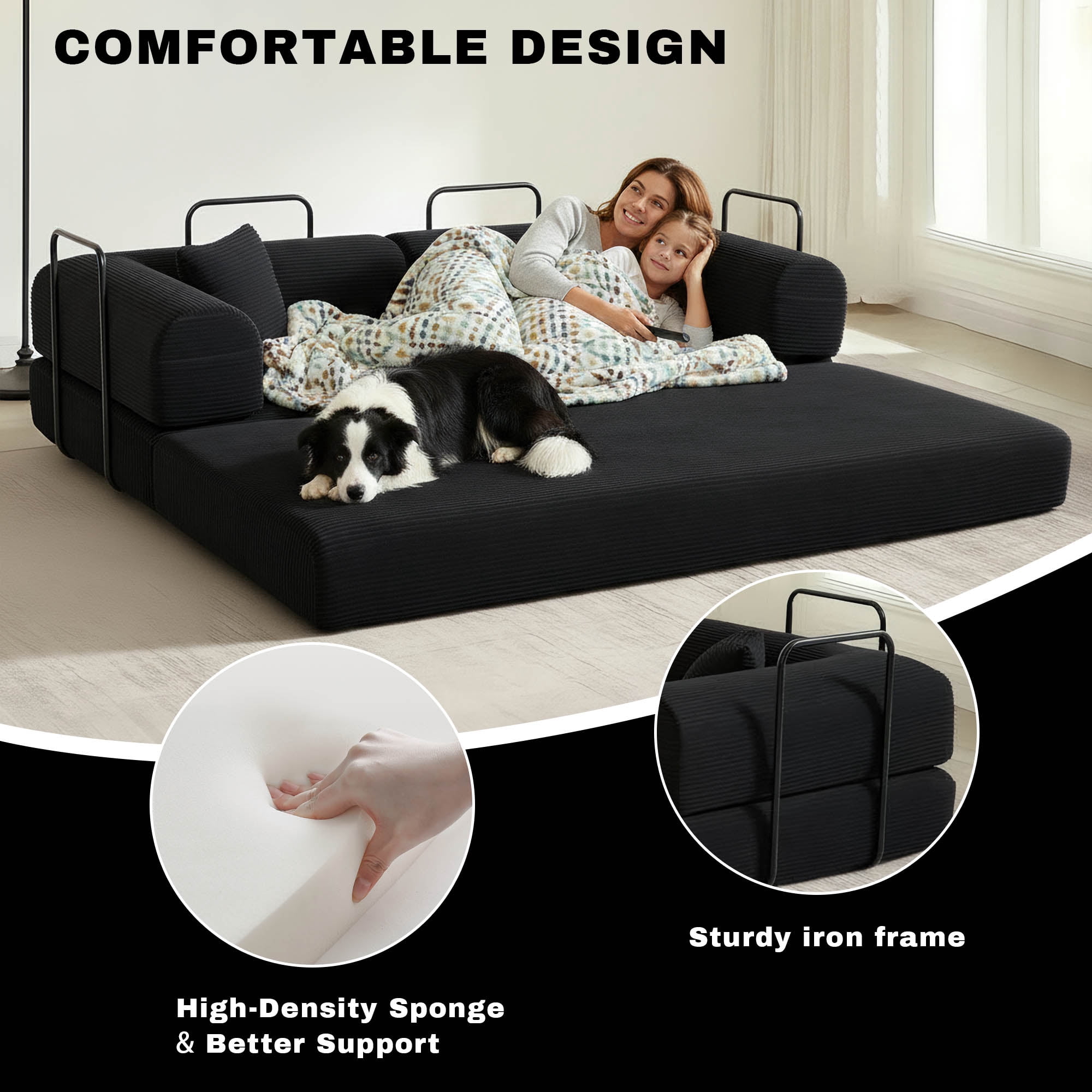 GAOHAPY 80" Convertible Sleeper Sofa Bed, Corduroy Foldable Futon Couch with Pillows, No Assembly Sofa Couch for Living Room Small Spaces Apartment,Black