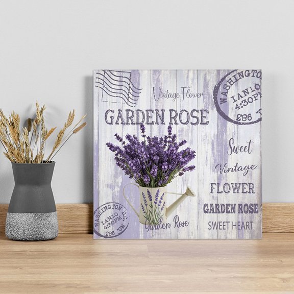Purple Lavender Wall Art Painting on Canvas, Vintage Farmhouse Rustic Floral Wooden Grain Canvas Art Home Prints Wall Art Framed Modern Artwork for Living Room Bedroom Wall Decor 8x8in