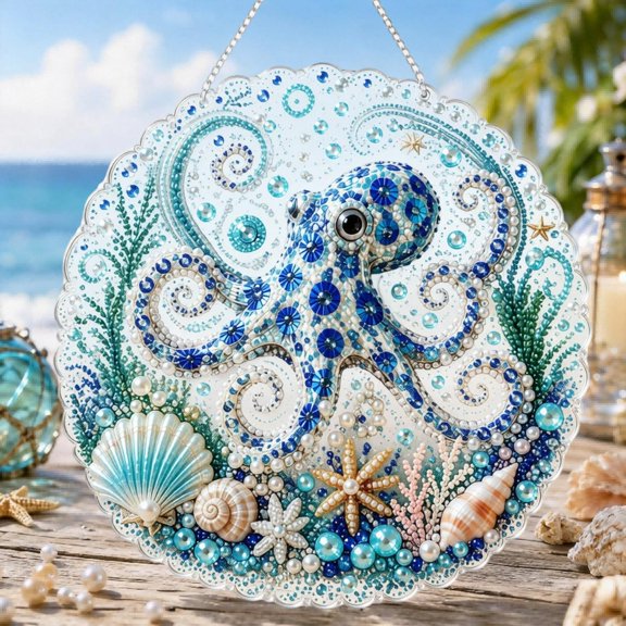 Ocean Pearl Art DIY Hanging Ornament Kit,5D Pearl Art Kits for Adults,8" Round Sea Life Diamond Painting Kit,Ocean Theme Pearl Art DIY Craft for Window/Car Decor(A:Octopus)