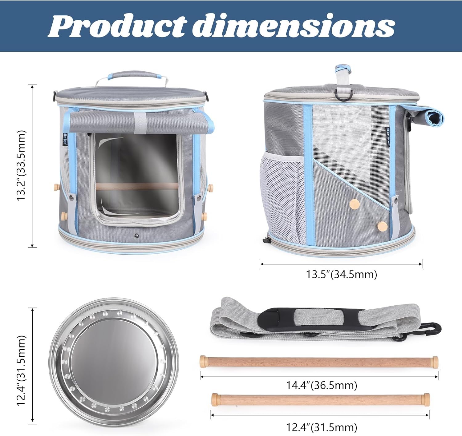 Small to Medium Birds Carrier Cage, Portable Handle Cylindrical Bird House with Metal Tray and Two (2) Wooden Stand Perch, Front Shade with Clear View