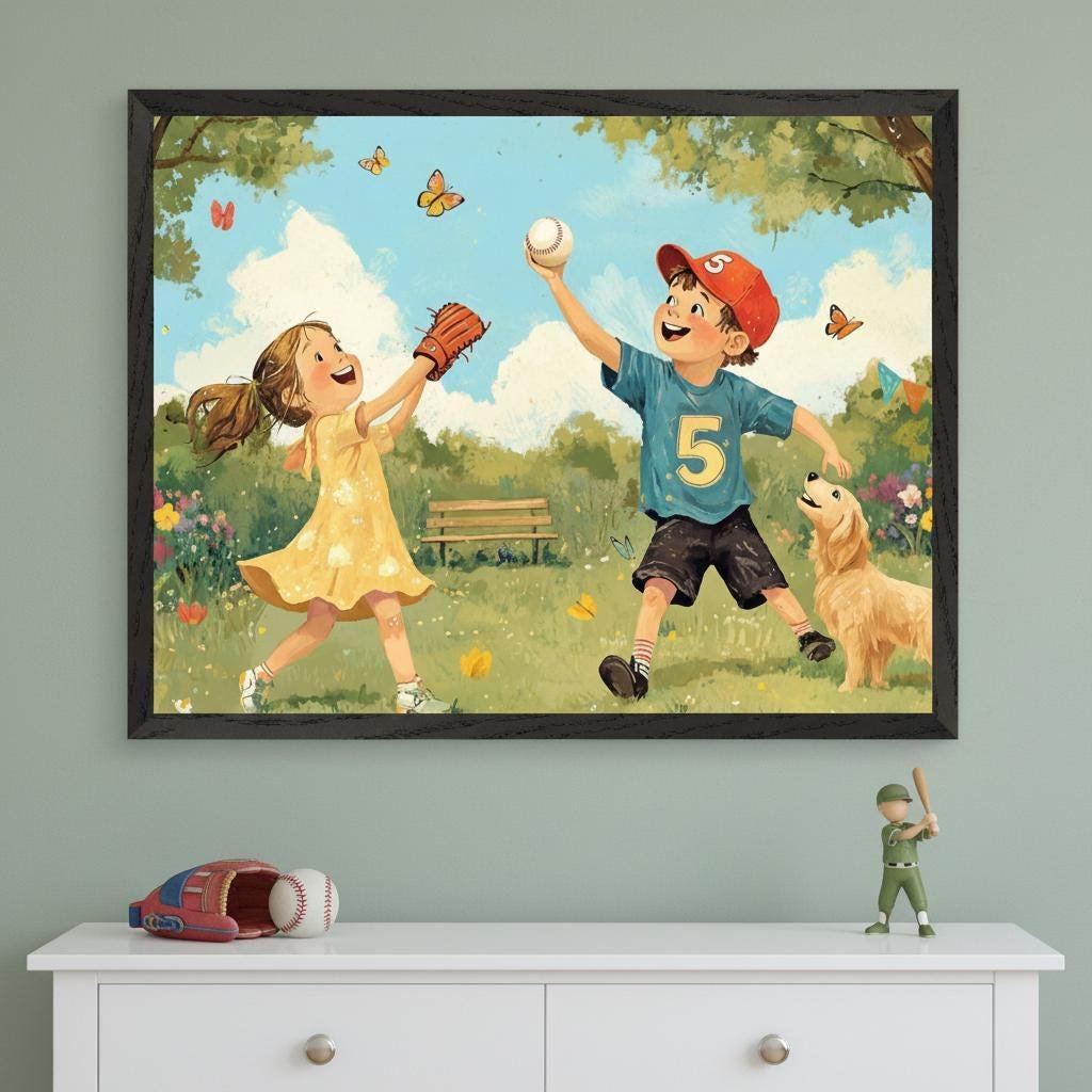 Youth Baseball Players Whimsical Park Setting Children Playing Catch Sports Golden Retriever Nursery Poster Poster Print Only