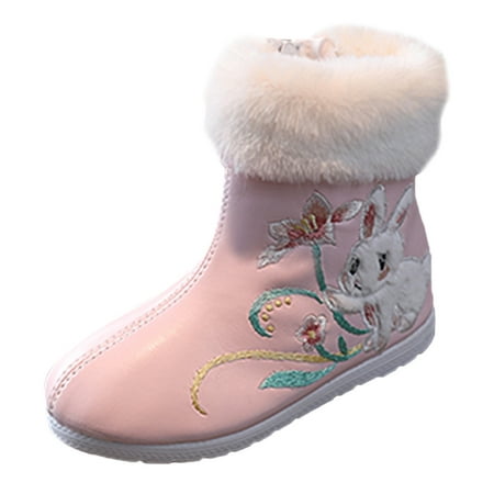 

nsendm Female Shoes Little Kid Girls Snow Boots Size 2 Big Kid Short Boots Embroidered Shoes Ethnic Style Plus Velvet Children Year Fuzzy Toddler Boots Pink 10.5