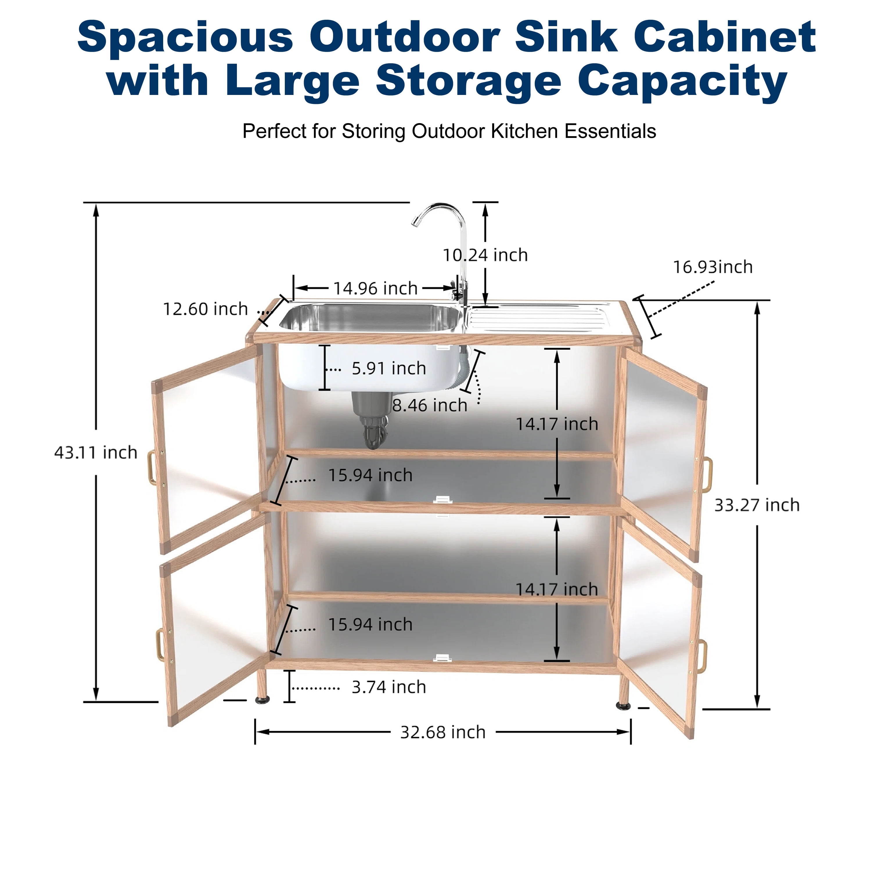 Utility Sink with Cabinet, Freestanding Laundry Room Sink with Faucet and Storage, Stainless Steel Utility Tub for Garage, Workshop, Outdoor Kitchen, 32.68" Natural Wood
