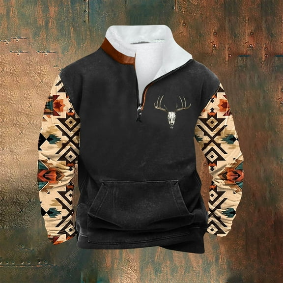 PNTUTB Men's Fleece Stand-up Collar Quarter Zip Casual Retro Ethnic Print Warm Pullover Sweatshirts with Pocket