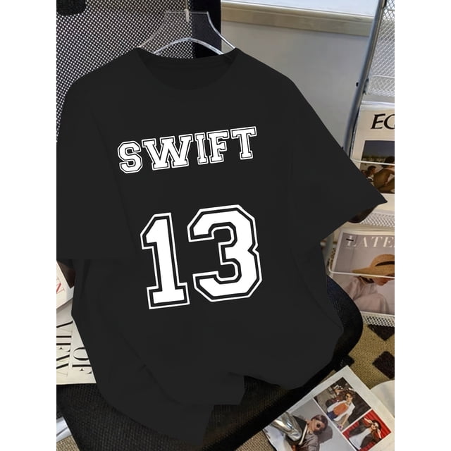 Swift 13 Graphic Tee for Girls, Casual Crew Neck Cotton Knit Top with Alphabet Applique, Loose Fit Short Sleeve Summer Shirt, Casual Summer Top | Trendy Graphic Tee | Machine Washable Top