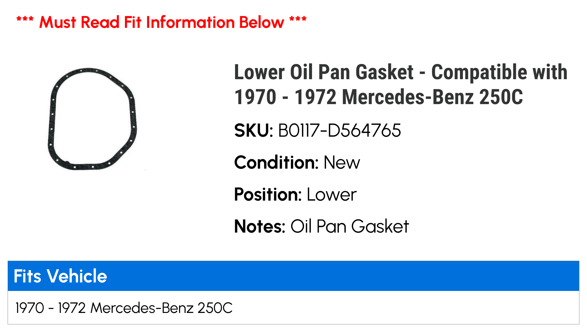 Lower Oil Pan Gasket - Compatible with 1970 - 1972 Mercedes-Benz 250C 1971