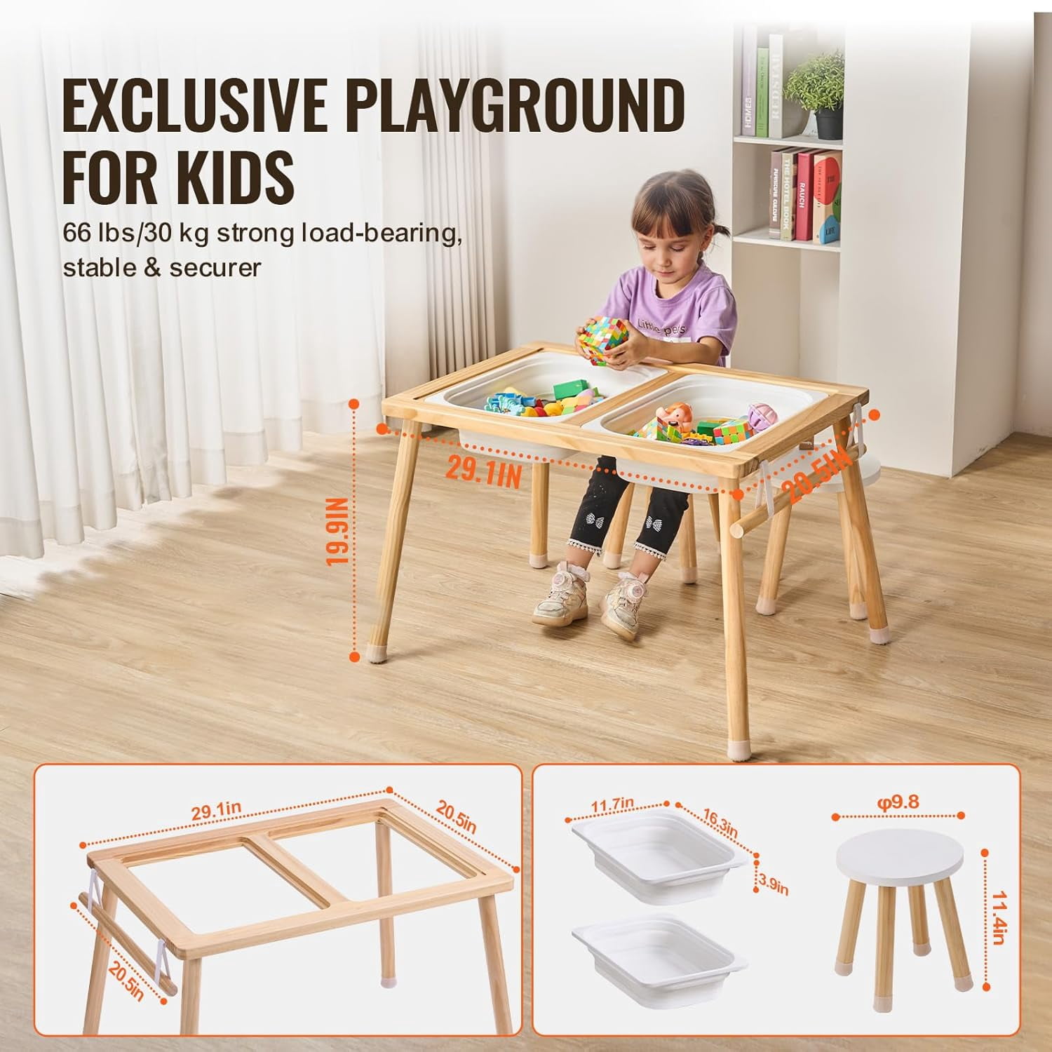 Sensory Table and Chairs Set, Toddlers Activity Table with 2 Stools, 2 Storage Bins & Paper Roll Holder, Indoor/Outdoor Play Sand and Water Table, Wooden Kids Sensory Table - Gift for Boys Girls