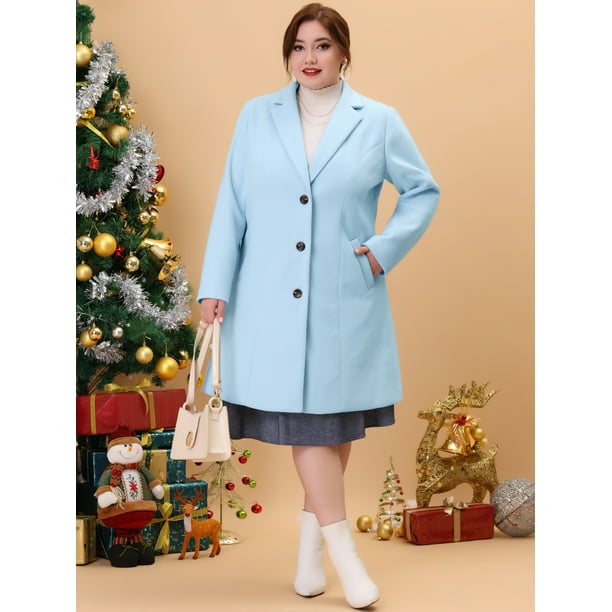 Women's Plus Size Winter Coats Elegant Notched Lapel Single Breasted Trench  Coat Sky Blue 3X 