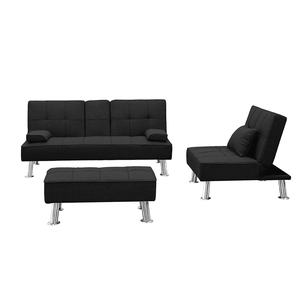 Kepooman 3-Piece Modern Fabric Convertible Futon Sofa Set with 2 Cup Holders & Single Sofa & Ottoman, Black
